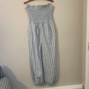 Anthropologie Blue & White Striped Smocked Strapless Jumpsuit Cotton/Linen Blend